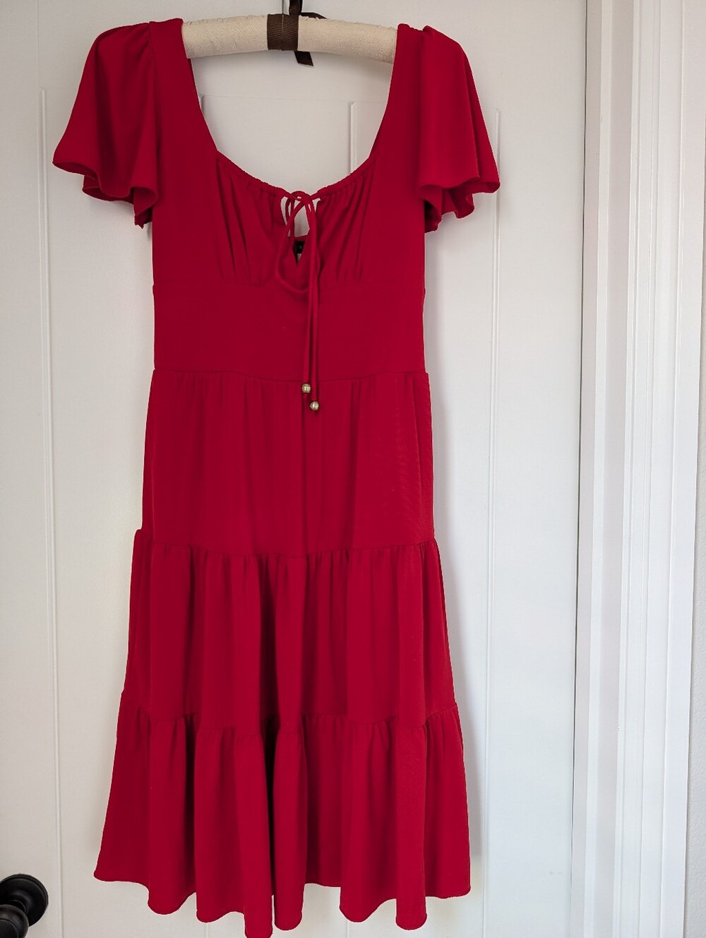 Boston Proper Bright Red Scoop Neck Tie-Front Dress